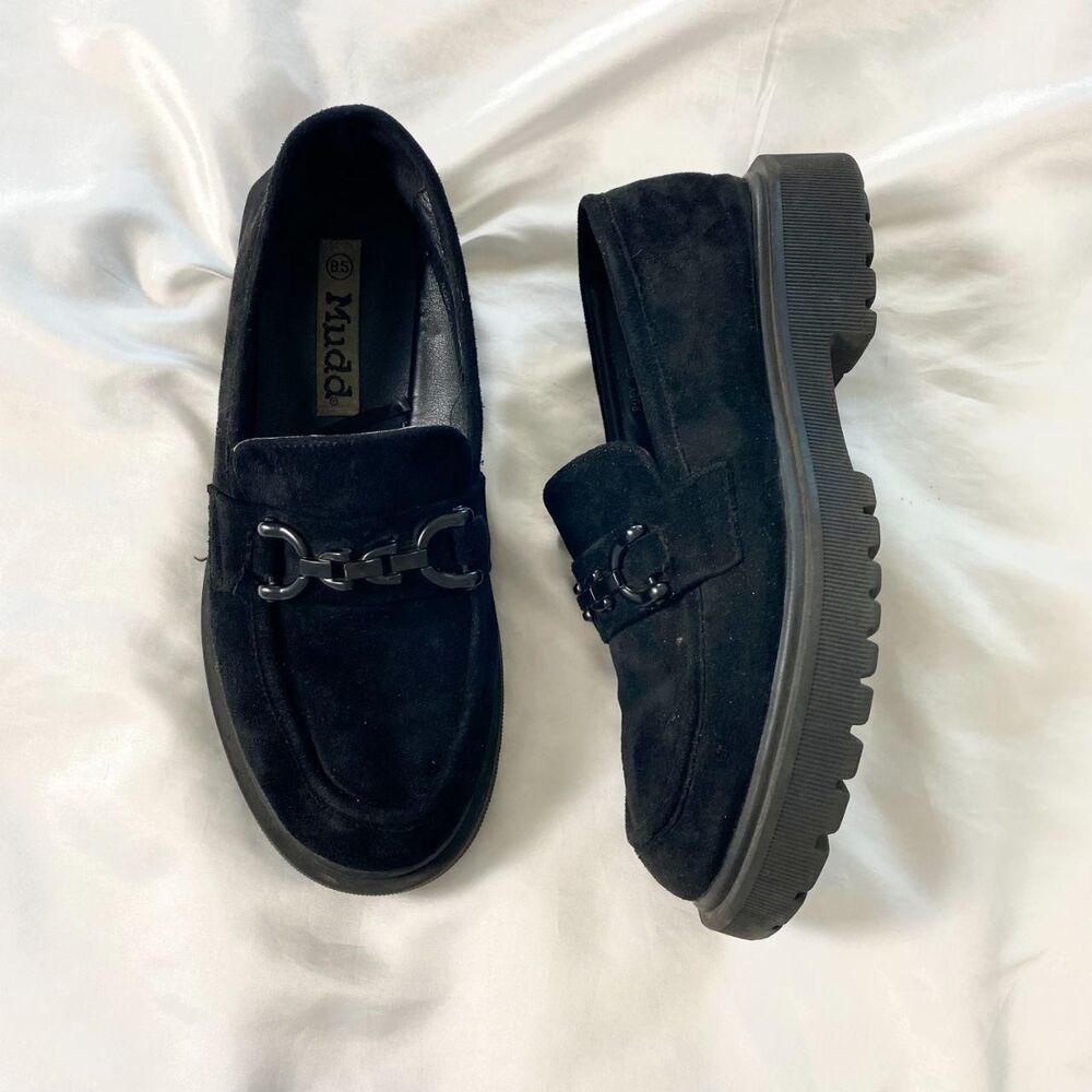 Vintage Y2K Chunky Black Chain Detail MUDD Suede Loafers Size US 8.5